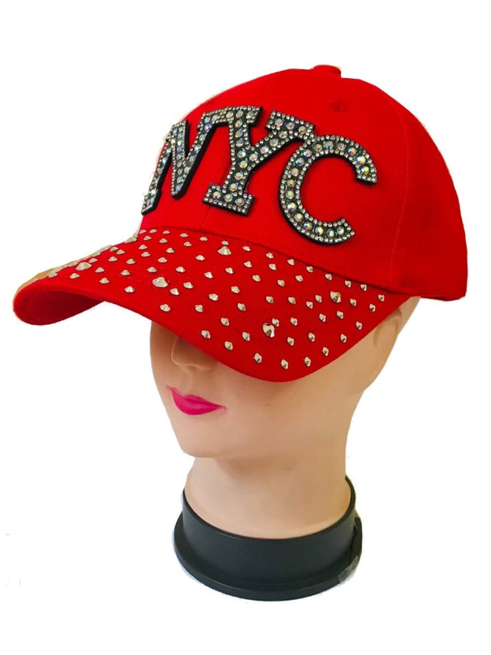 Women Fashion NYC Rhinestones Bling Bling Studs Cotton Baseball Cap - Red